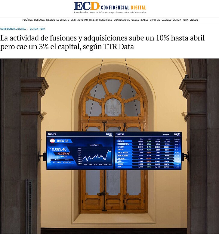 La actividad de fusiones y adquisiciones sube un 10% hasta abril pero cae un 3% el capital, segn TTR Data